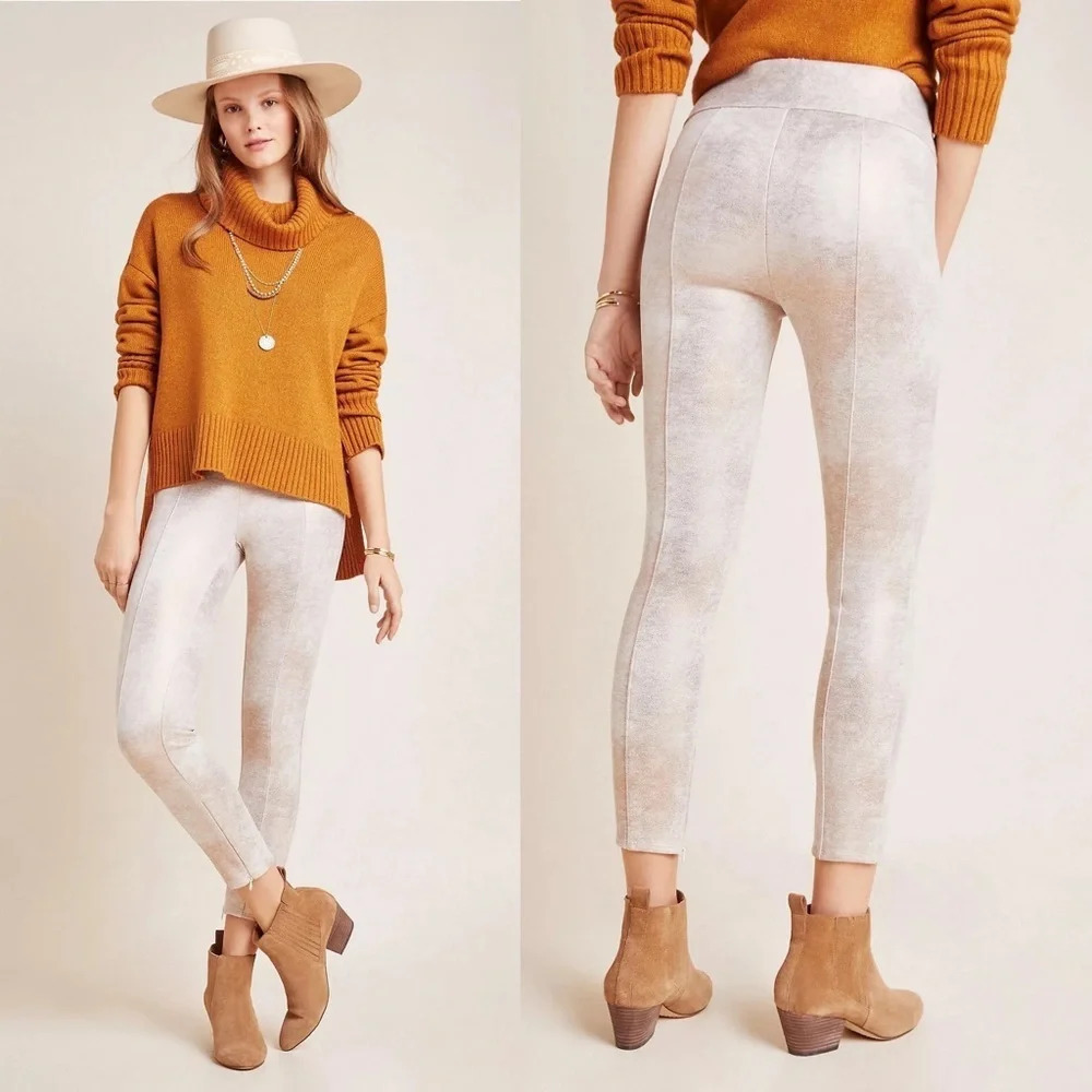 Anthropologie Cream Gold Metallic Faux Vegan Suede Snake Print Leggings Size 27